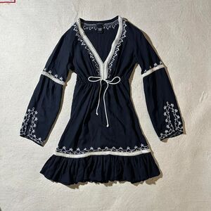 Moda International Women's Small Black Ruffle Mini Dress with Cream Embroidery